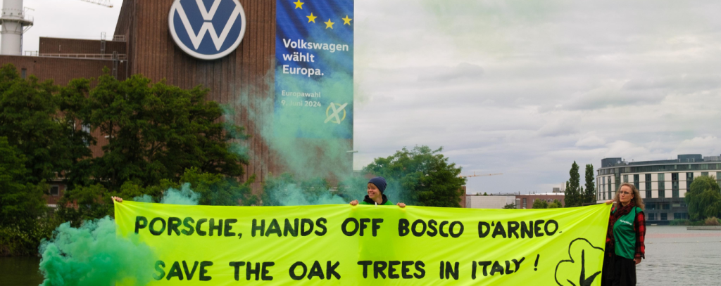 „Porsche, Hände weg vom Bosco D'Arneo! Rettet die Eichen in Italien!“ - Bannerprotest von ROBIN WOOD-Aktivist*innen in Wolfsburg (Foto: ROBIN WOOD) Bannerprotest vor dem VW-Werk in Wolfsburg gegen Waldzerstörung für eine Porsche-Teststrecke in Italien