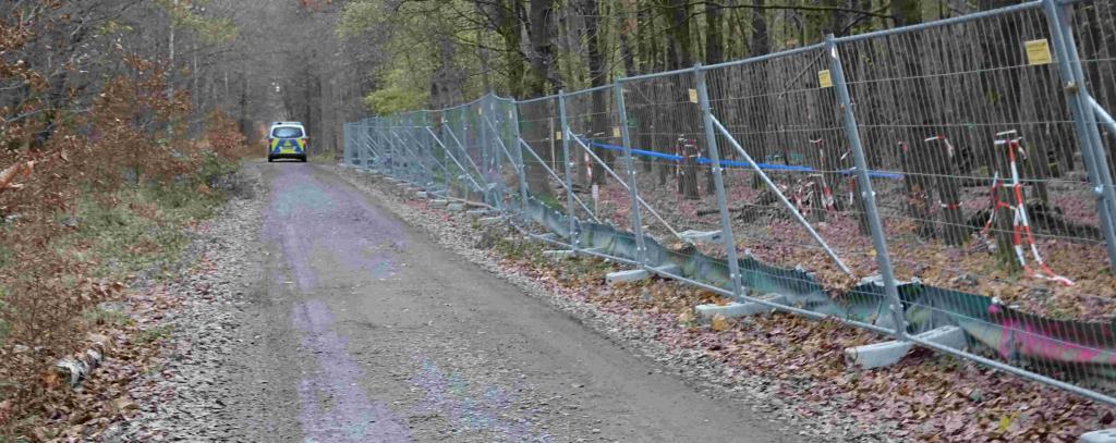 Waldweg mit Zaun und Polizeiauto