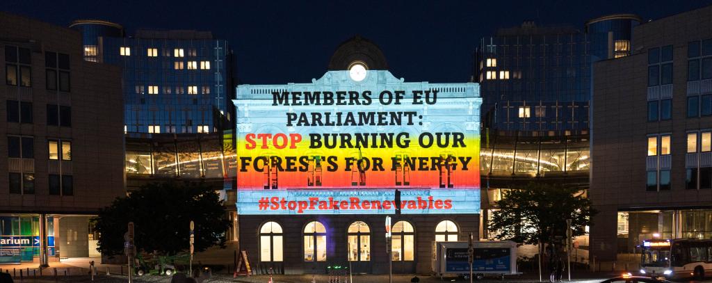 Comite Schone Lucht Projektion auf einem Gebäude vor dem EU Parlament in Brüssel.
