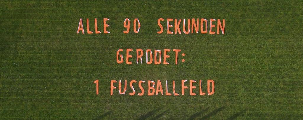 Luftaufnahme von einem Banner gegen Waldzerstörung,das auf einem Fußballfeld liegt