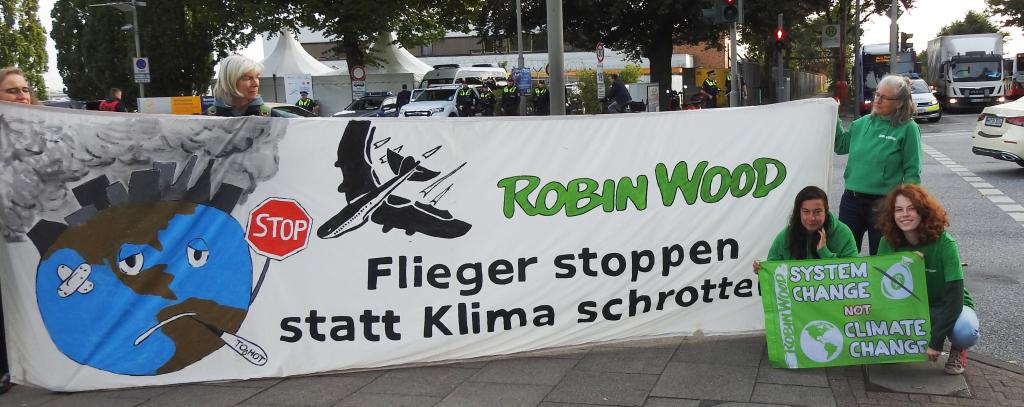 Klimaprotest anlässlich der Nationalen Luftfahrtkonferenz in Hamburg, 25.09.2023 (Foto: ROBIN WOOD)
