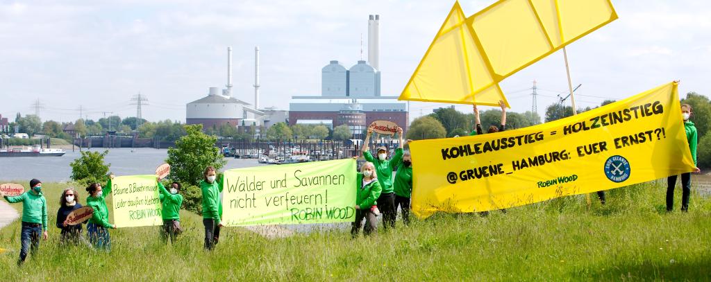 Protestaktion gegen Pläne, das Kraftwerk Tiefstack auf Holzverbrennung umzurüsten, Hamburg 29.5.21 (Foto: Mirko Boll / ROBIN WOOD)