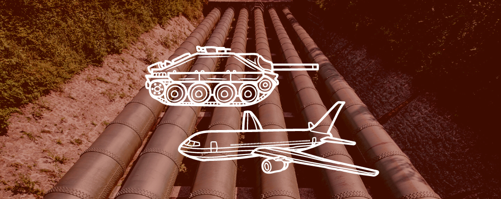 Kerosin-Handel finanziert Unrechtsregime (Collage: ROBIN WOOD) Collage mit Pipelines und Skizzen eines Panzers und eines Flugzeugs