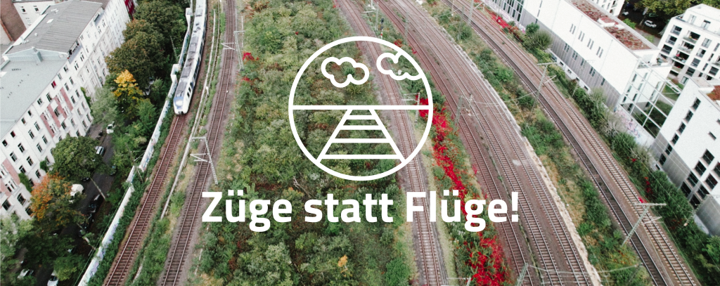 Züge statt Flüge! (Foto/Collage: ROBIN WOOD) Drohnenfotos von Schienen mit dem Züge statt Flüge Logo