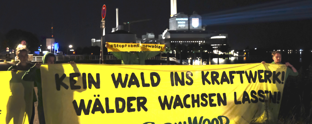 Protestaktion gegen das geplante Verfeuern von Holz im Hamburger Kraftwerk Tiefstack, 02.09.2022 (Foto: ROBIN WOOD / Mirko Boll) Menschen mit einem gelben Banner.Im Hintergrund ein Kraftwerk im Dunkeln. Ein Beamer projiziert einen Slogan darauf.