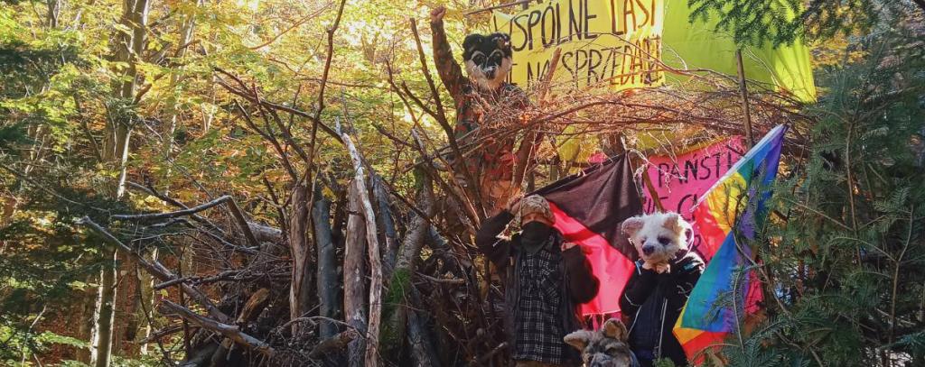 Waldbesetzer*innen wehren sich gegen Rodungen in den polnischen Karpaten - Sie tragen wolfsähnliche Masken (Foto: Wolfens Nora219a) Waldbesetzer*innen in den polnischen Karpaten mit Bannern und wolfsähnlichen Masken