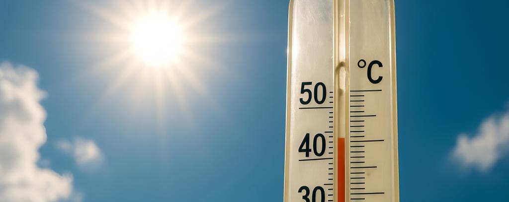 Thermometer mit über 40 Grad C. vor sonnigem Himmel