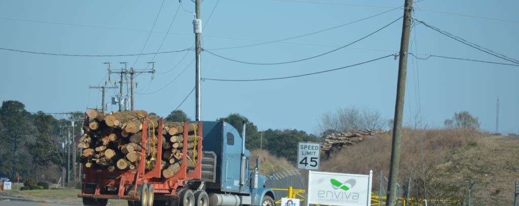 Holztransporter fährt aufs Werksgelände von Enviva, dem weltgrößten Pelletproduzenten, der auch in die Niederlande liefert (Foto: Dogwood Alliance) Die Dogwood Alliance hat Holzlieferungen von Clearcuts bis in ein Pelletwerk von Enviva verfolgt. Hier fährt einer der mit Baumstämmen beladener LKW auf das Werksgelände der Firma Enviva, dem weltgrößten Pelletproduzenten.