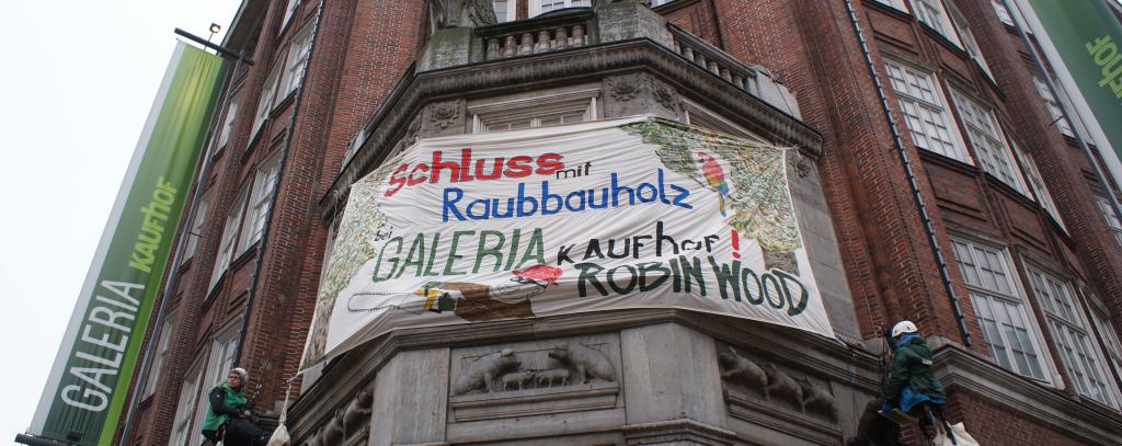 Schluss mit Raubbauholz bei Kaufhof! ROBIN WOOD-Protest in der Hamburger City, 23.2.15