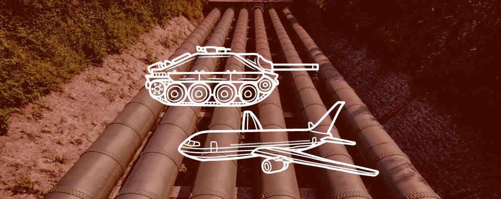 Collage mit Pipelines und Skizzen eines Panzers und eines Flugzeugs