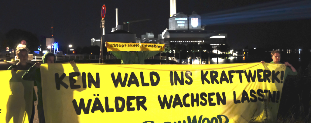 Menschen mit einem gelben Banner.Im Hintergrund ein Kraftwerk im Dunkeln. Ein Beamer projiziert einen Slogan darauf.