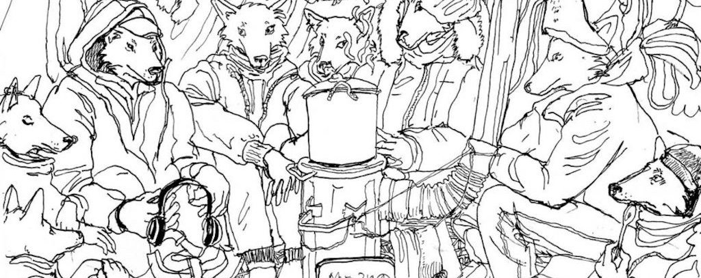Zeichnung von Wesen, halb Mensch, halb Wolf, die gemeinsam Essen kochen.