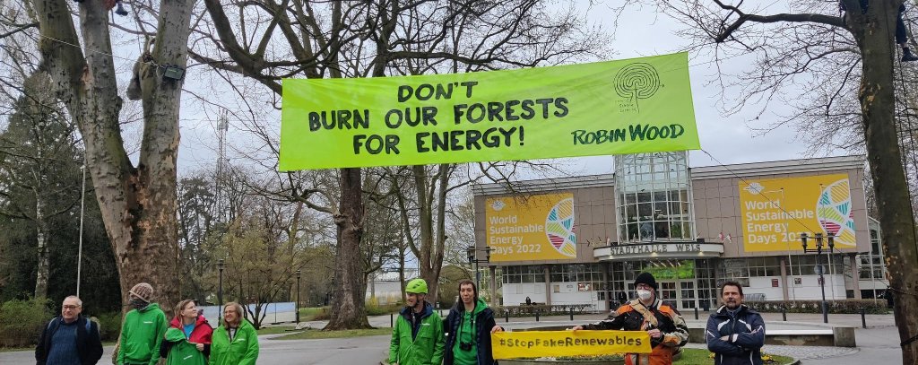 Protest bei der Europäischen Pelletskonferenz in Österreich (Foto: Jana Ballenthien / ROBIN WOOD) Protestierenden mit Banner mit der Aufschrift “Don’t burn our forests for Energy!“ vor der Stadthalle in Wels