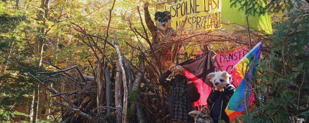 Waldbesetzer*innen in den polnischen Karpaten mit Bannern und wolfsähnlichen Masken 