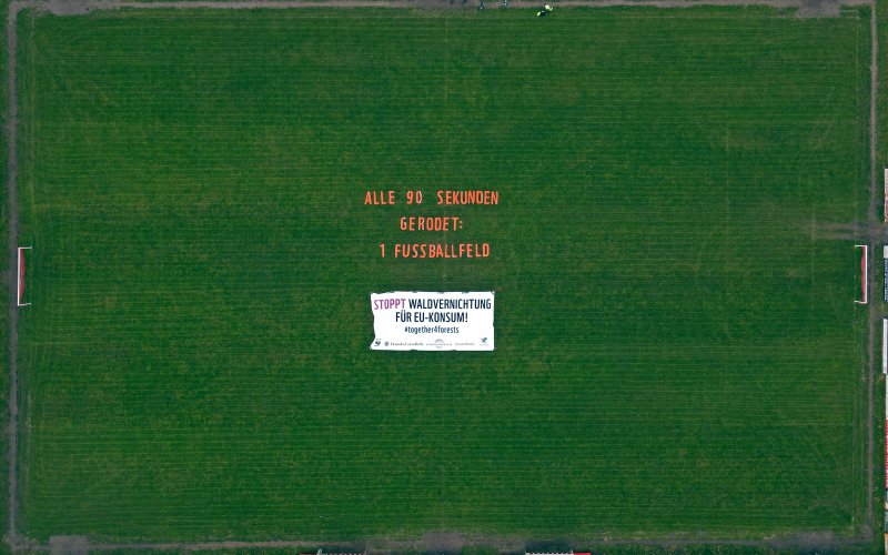 Luftbild eines Fußballplatzes, auf dem Feld liegt ein Banner "ALLE 90 SEKUNDEN GERODET: 1 FUSSBALLFELD"
