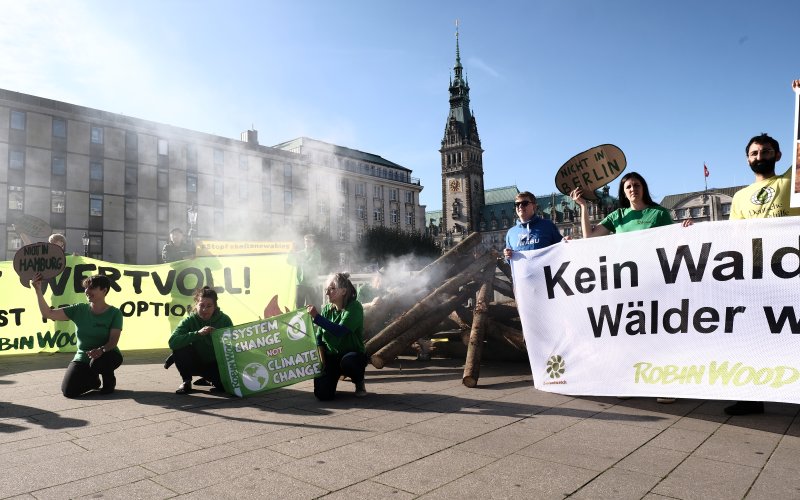 Ein qualmender Holzhaufen, Menschen, Banner, im Hintergrund das Rathaus in HH.