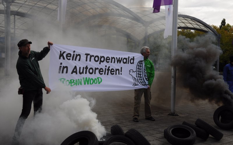 Zwei Aktivist*innen halten Banner "Kein Tropenwald in Autoreifen