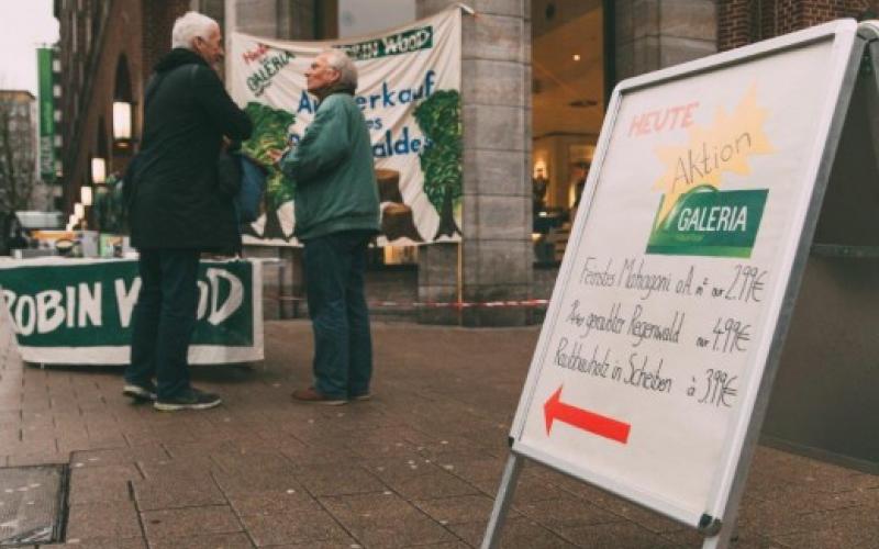 Feinstes Mahagoni im Angebot? ROBIN WOOD informiert, wer hinter dem Ausverkauf des Regenwaldes steckt | Bildquelle: Stefan Höning Feinstes Mahagoni im Angebot? ROBIN WOOD informiert, wer hinter dem Ausverkauf des Regenwaldes steckt