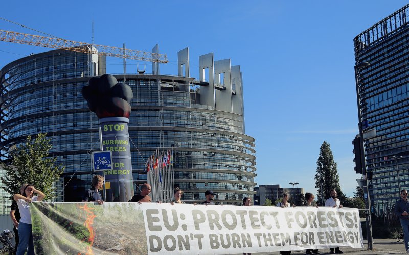 Aufblasbarer brennender Baum mit Banner davor, das Menschen halten