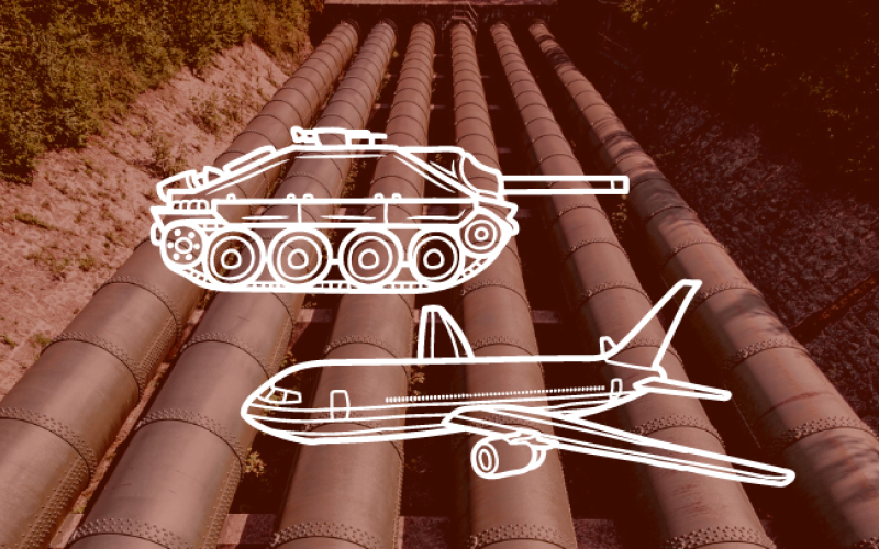 Collage mit Pipelines und Skizzen eines Panzers und eines Flugzeugs