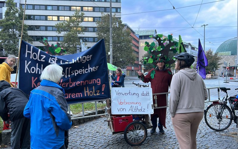 Fahrräder, Banner und Menschen. Eine Person mit Baumkostüm.