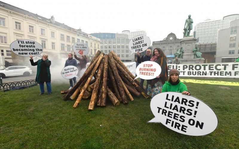 Matthias Schickhofer Aktivist*innen hocken neben einem Haufen aus Holzstämmen, aus dem Qualm kommt.