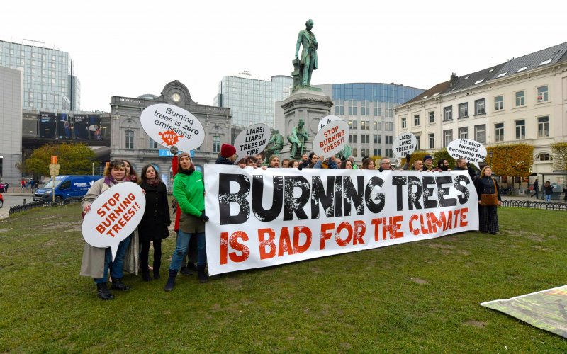 Viele Menschen mit einem Banner mit dem Spruch "Burning Trees is Bad For The Climate" auf dem Place du Luxembourg vor dem EU Parlament in Brüssel.