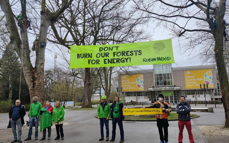 Protestierenden mit Banner mit der Aufschrift “Don’t burn our forests for Energy!“ vor der Stadthalle in Wels